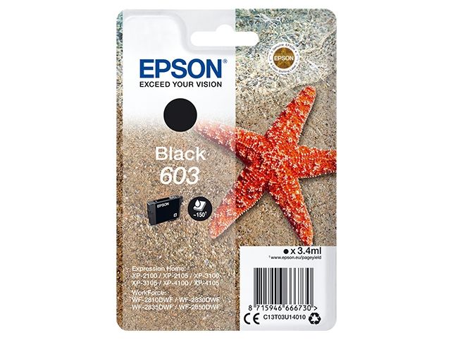 Epson 603 - 3.4 Ml - Sort - Original - Blister - Blækpatron - For Expression Home Xp-2150, 2155, 3150, 3155, 4150, 4155 Workforce Wf-2820, 2840, 2845