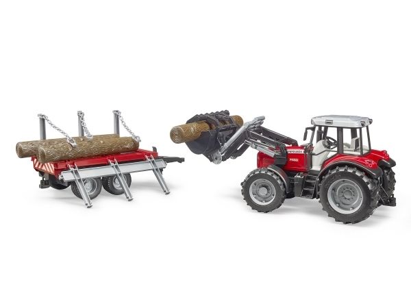Bruder Massey Ferguson 7480 Tractor With Frontloader And Timber Trailer Toy