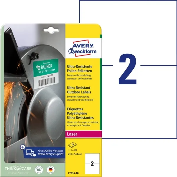 Etiketter Avery L7916-10 vit permanent PE 210x148 mm - (20 st.) | Papper & Emballage - Taggar - Laseretiketter | GameStuff