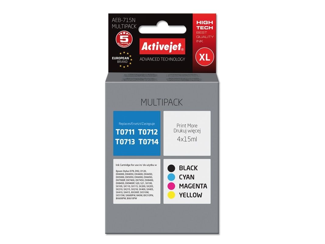 Activejet Aeb-715N Tintenpatrone (Ersatz Für Epson T0715 Höchste 4 X 15Ml Schwarz, Magenta, Cyan, Gelb), Hohe (Xl-) Ausbeute, Tinte Auf Pigmentbasis,