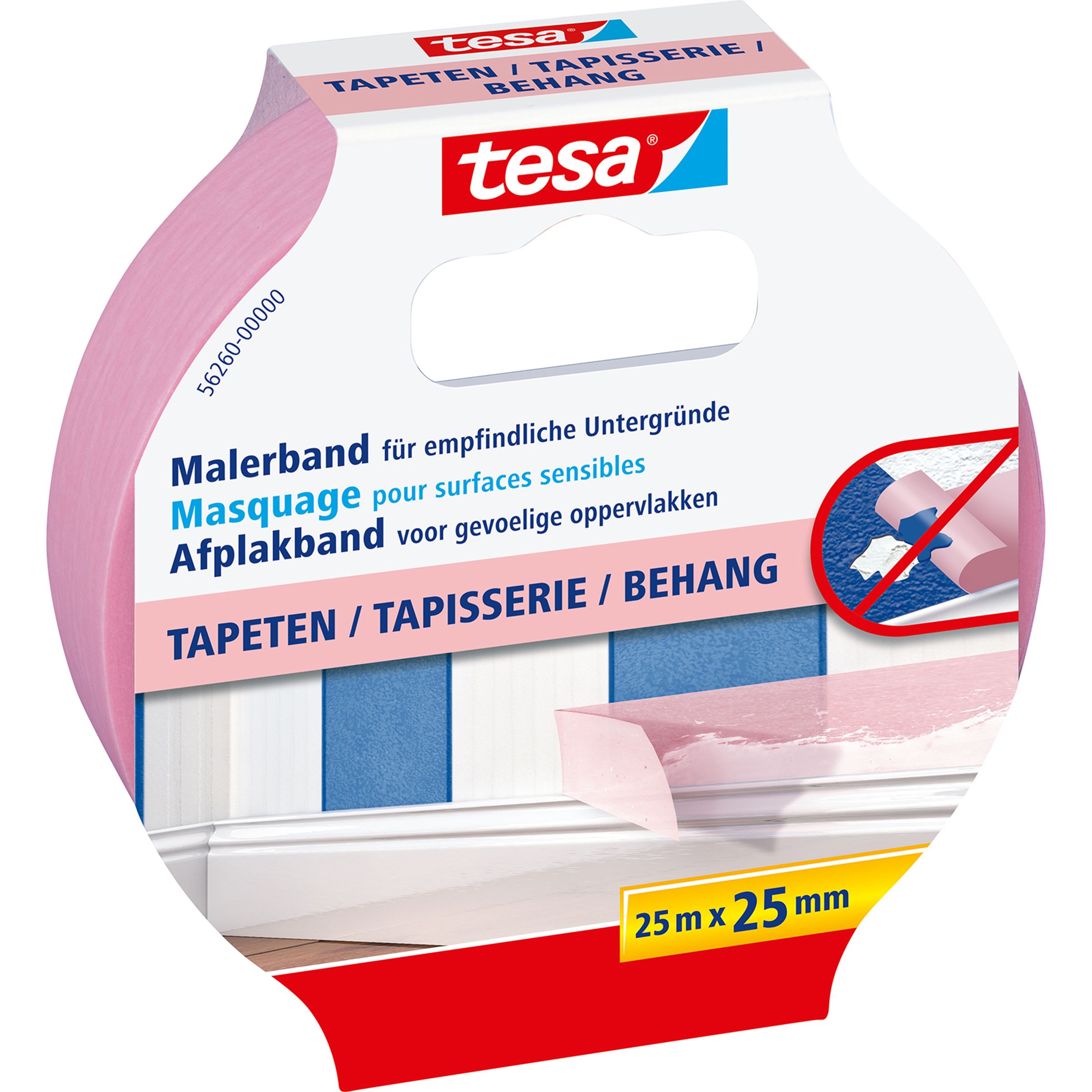 TESA 56260, Malertape, Papir, Lyserød, Glat, Akrylmaling, Alkydmaling, Latex maling, 7 dage