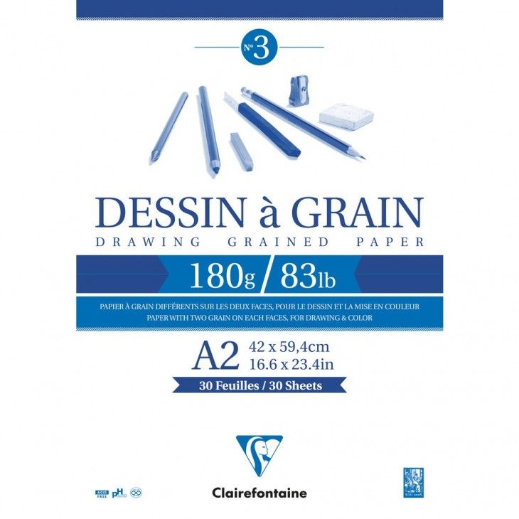 Clairefontaine Skitseblok A2 - 30 ark, hvidt skitsepapir, 185 gram, toplimet, med tyk papbagside