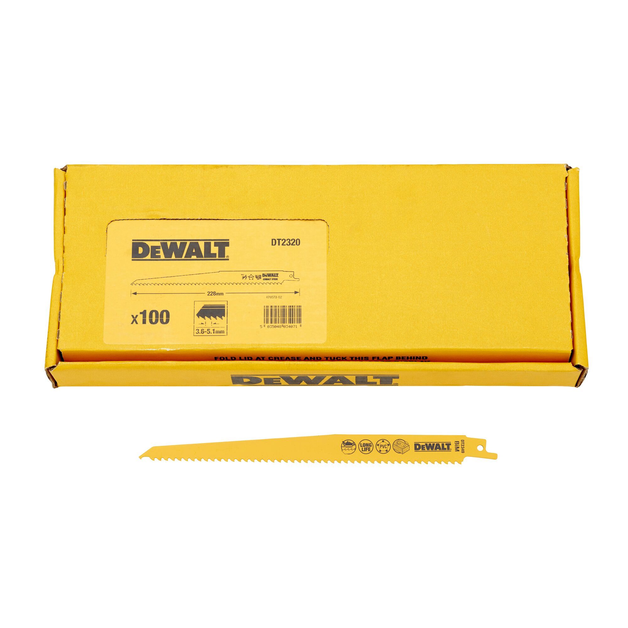 DeWALT DT2320-QZ, Saber savklinge, Træ, Bimetal, Gul, 22,8 cm, 100 stk