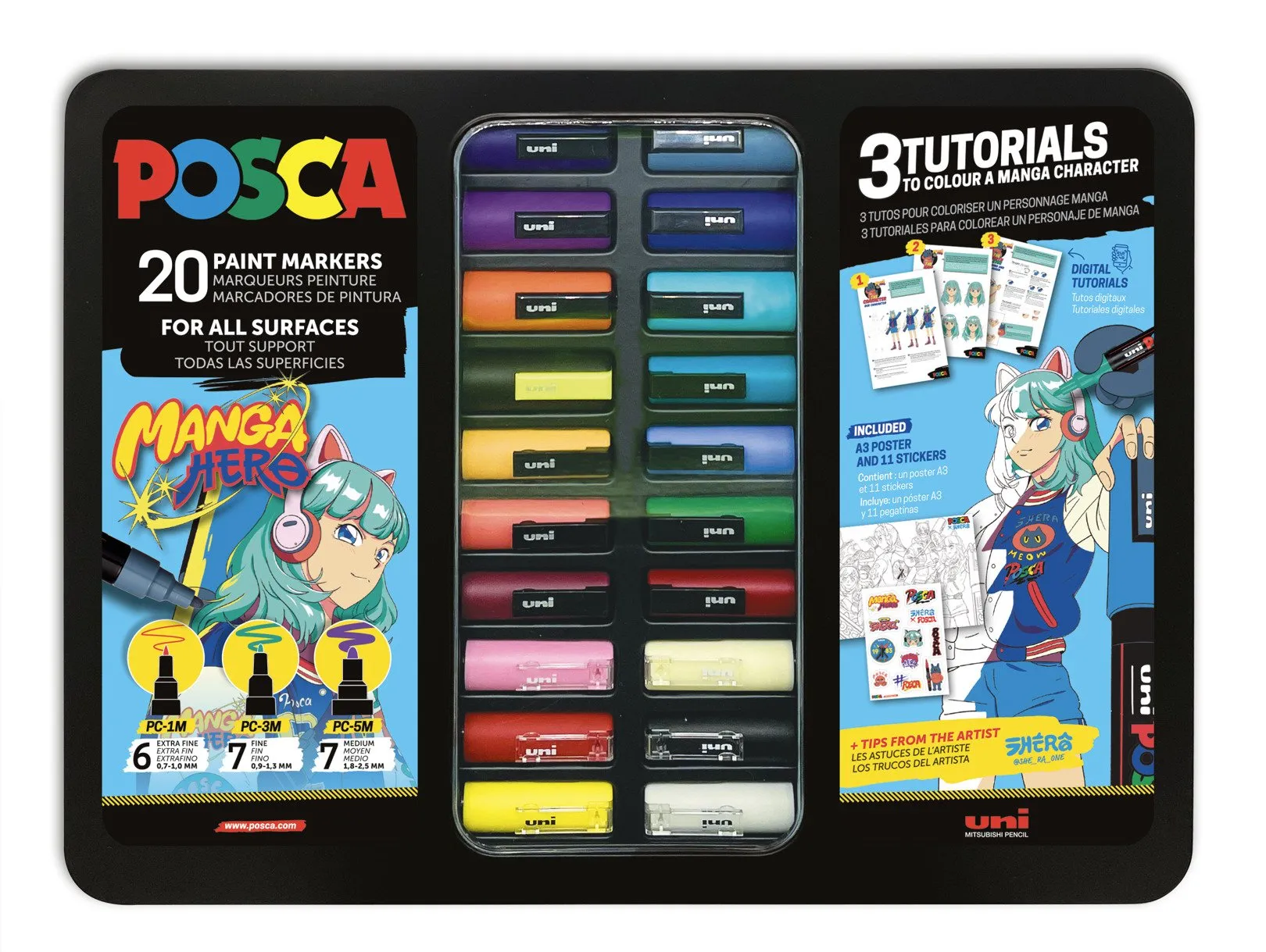 POSCA Metall Tinæske - 20 st. assorterade MANGA HERO - inkl. 3 handledningar - lär dig färglägga en MANGAKARAKTER | Skrivredskap - Märkpennor - Permanent Marker | GameStuff