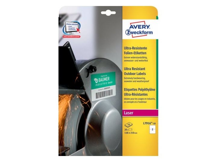 Avery Ultraresistente udendørs etiketter, 210 x 148 mm, 20 Etiketter, Hvid