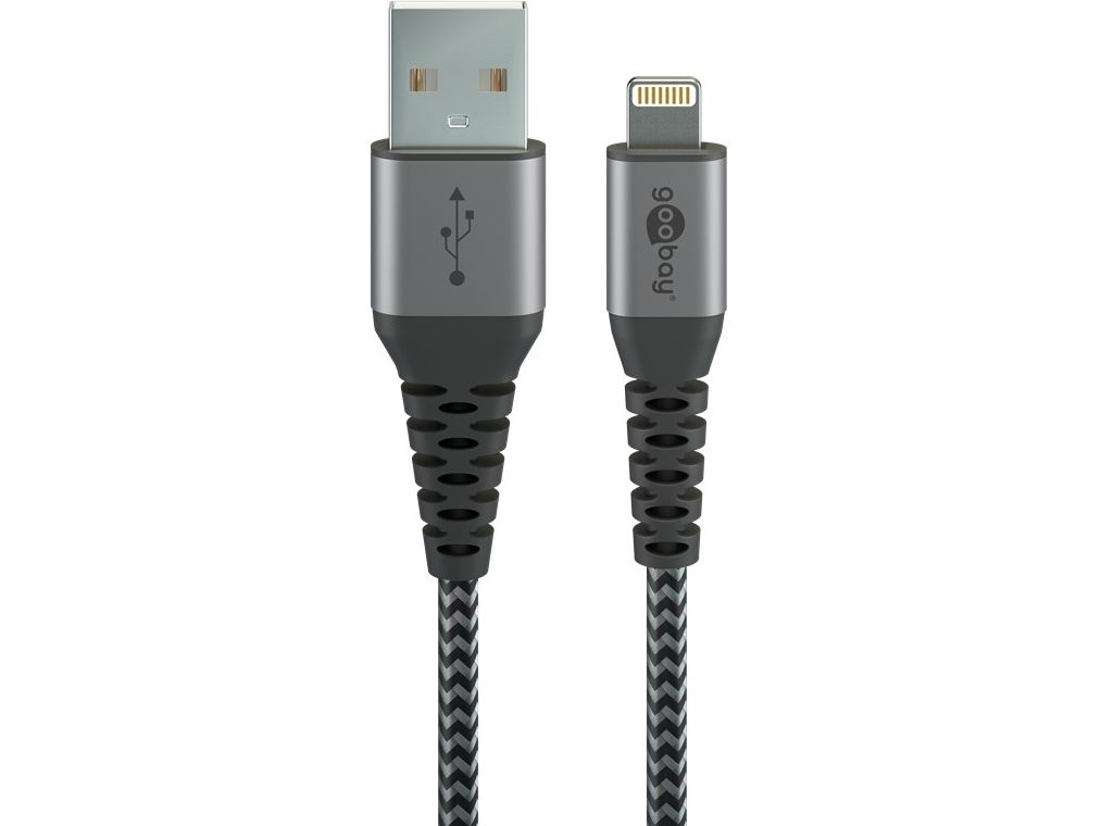 Goobay Lightning-USB-C™ textilkabel med metallkontakter, 2 m MFi-certifierad, elegant och extra robust laddnings- och synkroniseringskabel för Apple iPhone/iPad (svart, grå)