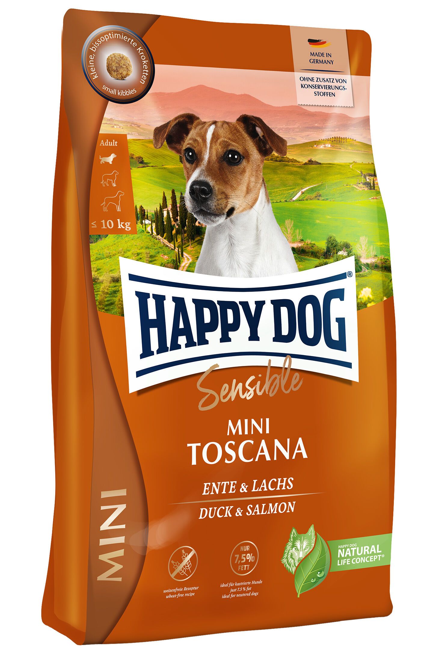 Happy Dog Sensible Mini Toscana 4 Kg, Adult, Jede Rasse, Klein (5-10 Kg), Ente, Lachs, 4 Kg, Gluten-Frei