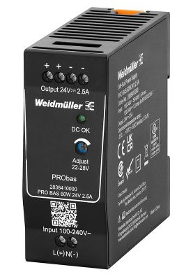 Weidmüller PRO BAS 60W 24V 2.5A, 230 V, 45 - 65 hz, 40 A, Svart, Status, -40 - 85 ° C