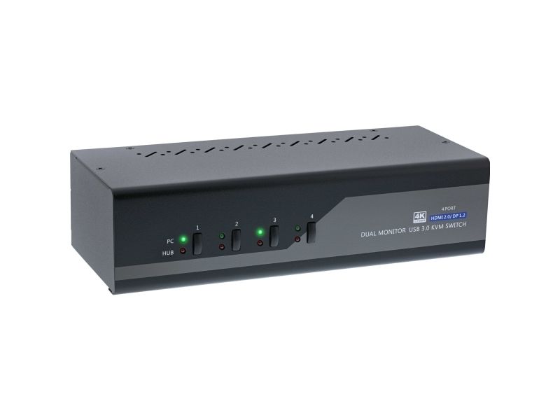 Inline Kvm Desktop Switch, 4-Fach, Dual Monitor, Dp + Hdmi, 4K, Usb 3.0, Audio, 3840 X 2160 Pixel, 4K Ultra Hd, Schwarz, Grau
