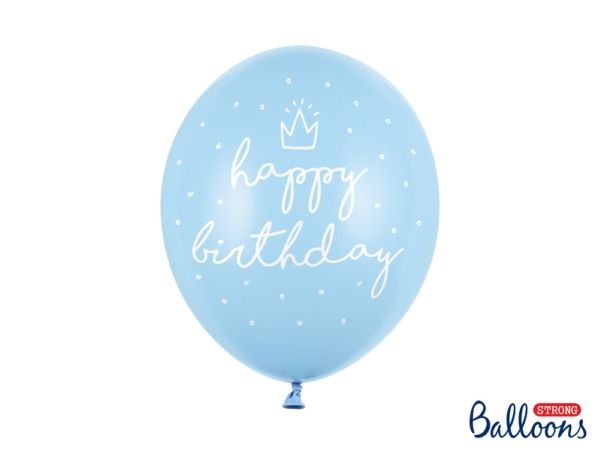 Lyseblå Happy Birthday ballon, 6 stk