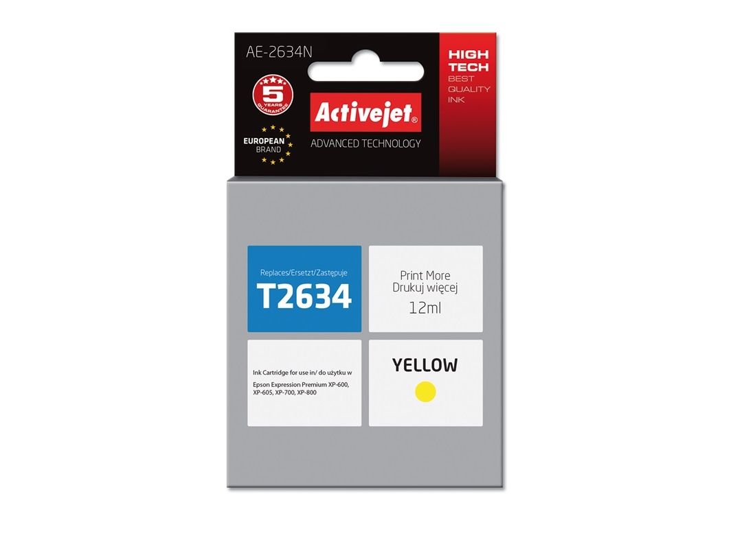 Activejet Ae-2634N Blæk (Erstatning Epson 26 T2634 Supreme 12 Ml Gul), Højt (Xl) Udbytte, Farvebaseret Blæk, 12 Ml, 1 Stk, Enkelt Pakke