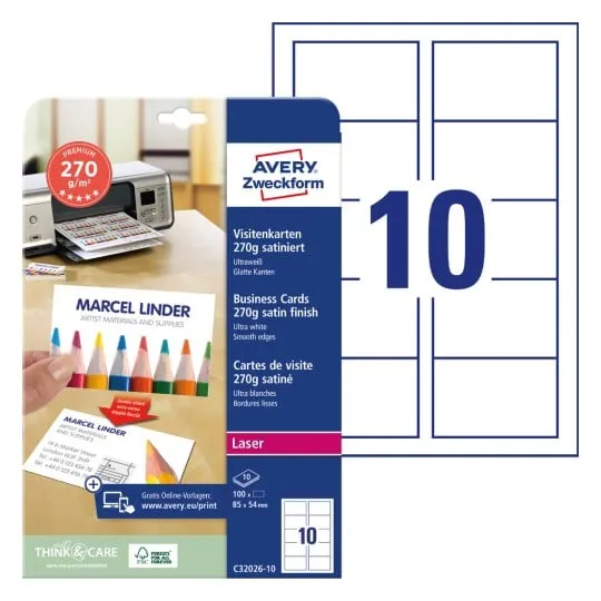 Avery Quick&amp Clean C32026-10 - Matt - vit - 54 x 85 mm - 270 g/m² - 100 kort (10 ark x 10) visitkort | Papper & Emballage - Märkning - Etiketter och Tejp | GameStuff
