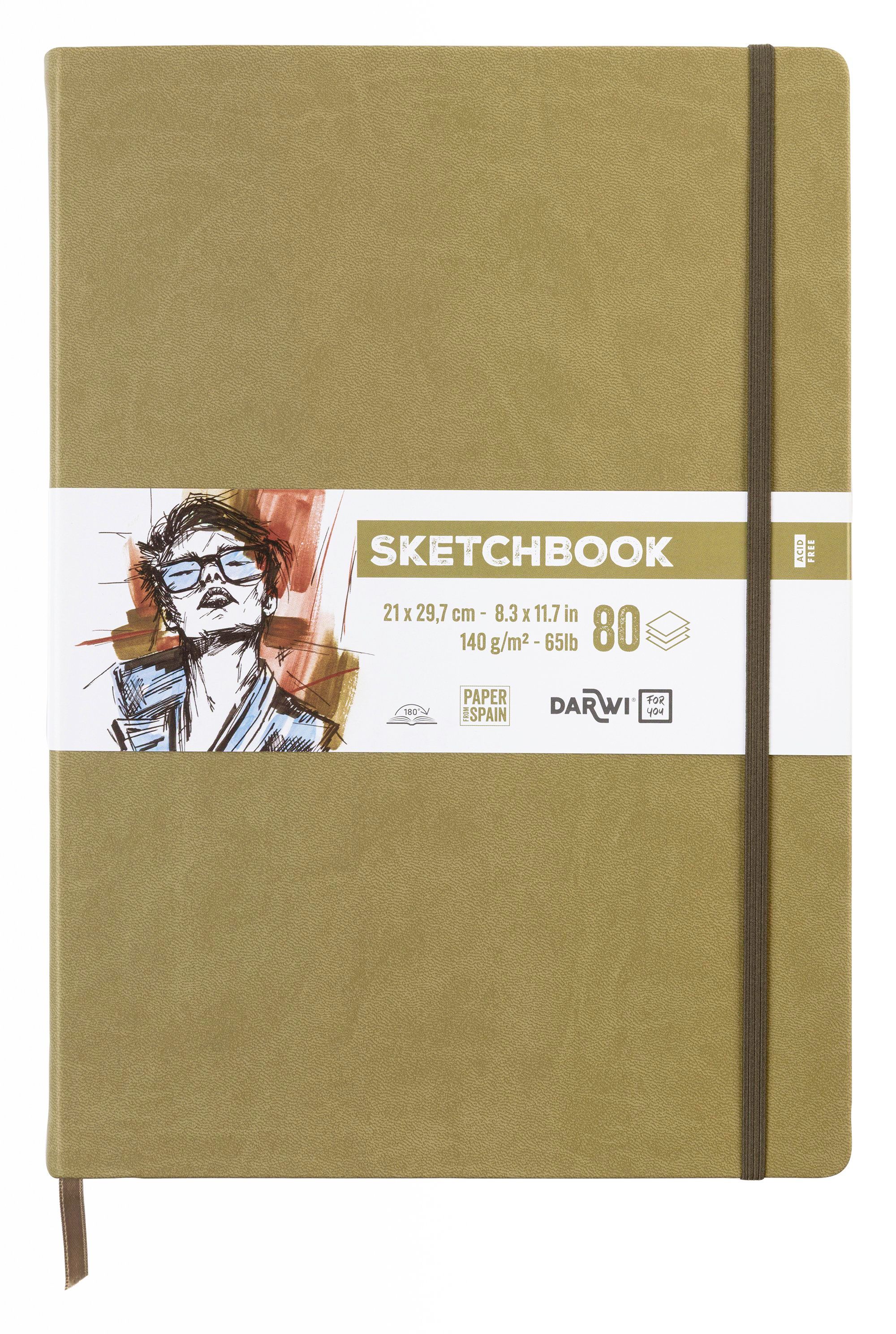 Darwi luonnoslehtiö, khaki/vihreä kansi A4 (21x29,7cm) 80 arkkia valkoista, 140grammaista luonnospaperia, tekonahkakansi, joustava sulkeminen ja kirjanmerkki (käsintehty Marokossa, paperi Espanjasta).
