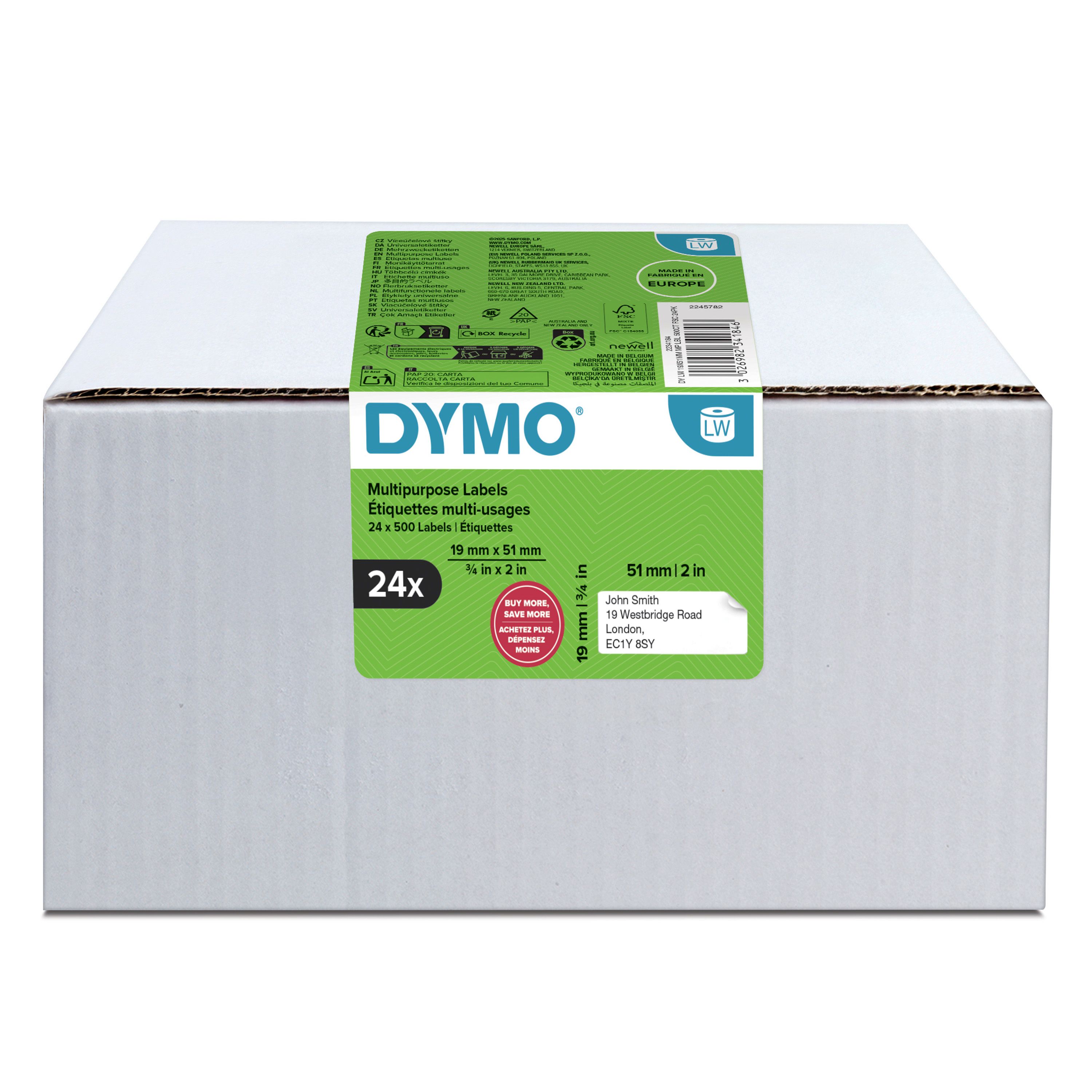 Dymo Lw Multi-Purpose Label 19X51mm 24 Rolls, Hvid, Selvklæbende Printeretiket, Rulle, Permanent, Dymo, 4Xl, 5Xl, 400, 400 Duo, 400 Turbo, 400 Twin T