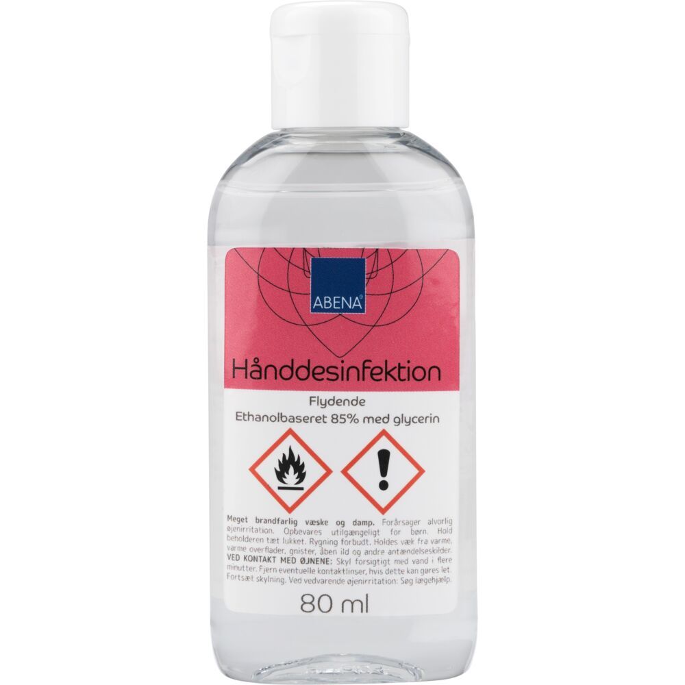 Hånddesinfektion, ABENA, 80 ml, 85% alkohol, med glycerin, flaske med klaplåg - (24 stk.)