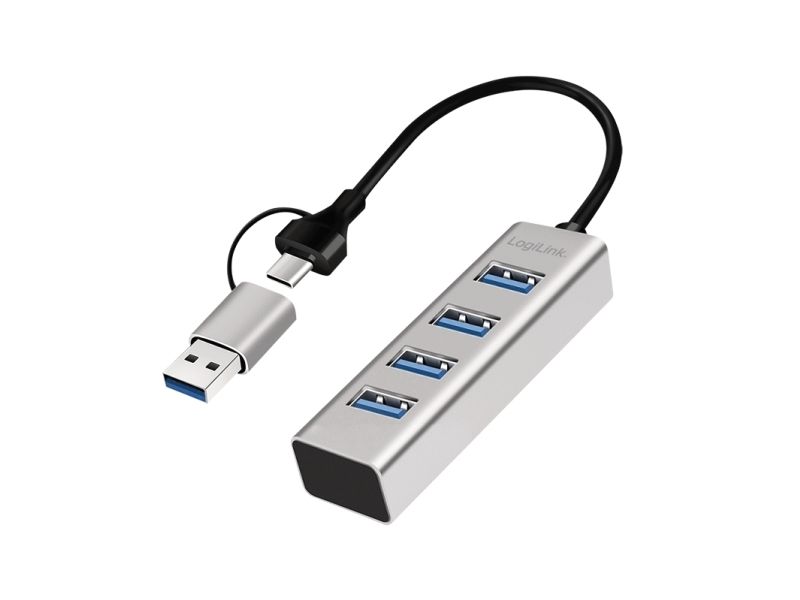 Logilink Usb 3.0 Hub, 4X Usb-A, 5 Gbit/S, 2-In-1 Anschlusskabel, Silber, Usb 3.2 Gen 1 (3.1 Gen 1) Type-A + Type-C, Usb 3.2 Gen 1 (3.1 Gen 1) Type-A,