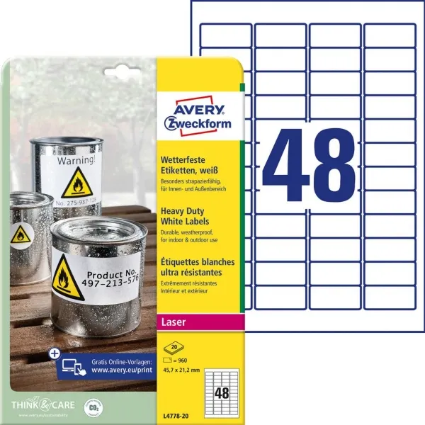 Laseretikett Avery L4778 vit 45,7x21,2 (förpackning med 960 etiketter) | Papper & Emballage - Taggar - Laseretiketter | GameStuff