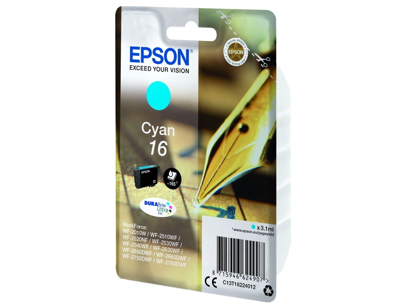 Epson 16 - 3.1 Ml - Cyan - Original - Blækpatron - For Workforce Wf-2010, 2510, 2520, 2530, 2540, 2630, 2650, 2660, 2750, 2760