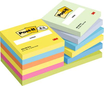 Post-It 654-TFEN-P8+4, Firkant, Blå, Grøn, Orange, Lyserød, Gul, Papir, PEFC, 76 mm, 76 mm