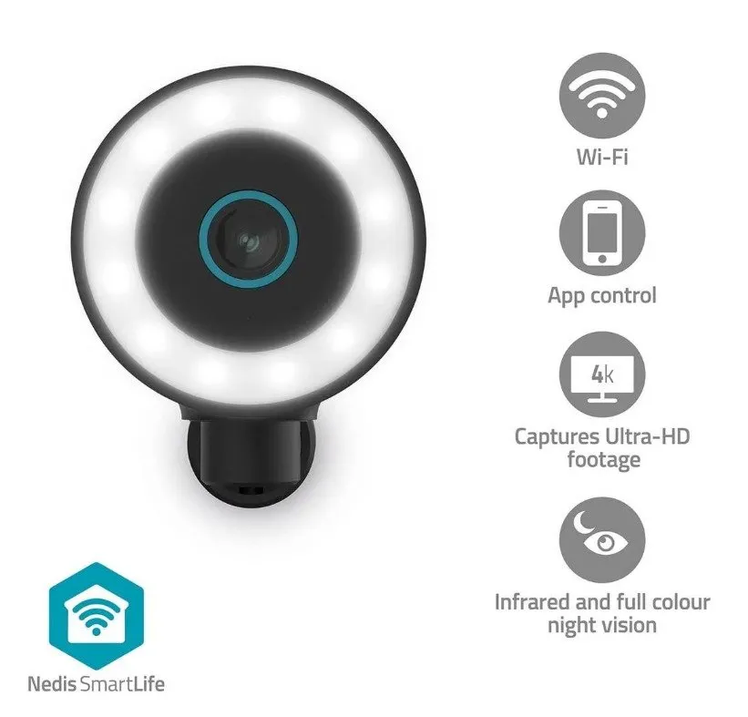 Nedis - Spotlight | 4K / 3840x2160 | IP65 | Cloud Storage (mulighed) / microSD (ikke inkluderet) / Onvif | 5 V DC | Med bevægelsessensor | Nattesyn | Sort