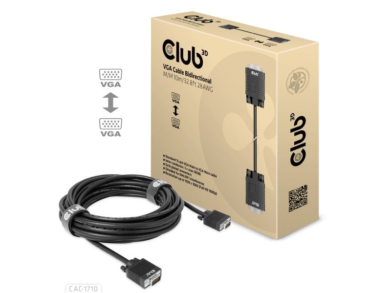 Club3d Vga Cable Bidirectional M/M 10M/32.8Ft 28Awg, 10 M, Vga (D-Sub), Vga (D-Sub), Männlich, Männlich, Gerade