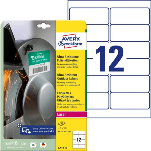 Laseretikett Avery 99,1x42,3mm hållbar 12 st./ark 10 ark/pack - (120 st.) | Papper & Emballage - Taggar - Laseretiketter | GameStuff