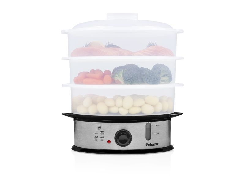 Tristar Vs-3914 Dampfgarer Bpa Frei, 3 Korb/Körbe, Schwarz, Edelstahl, Durchscheinend, Arbeitsplatte, Drehregler, Vorderseite, 11 L