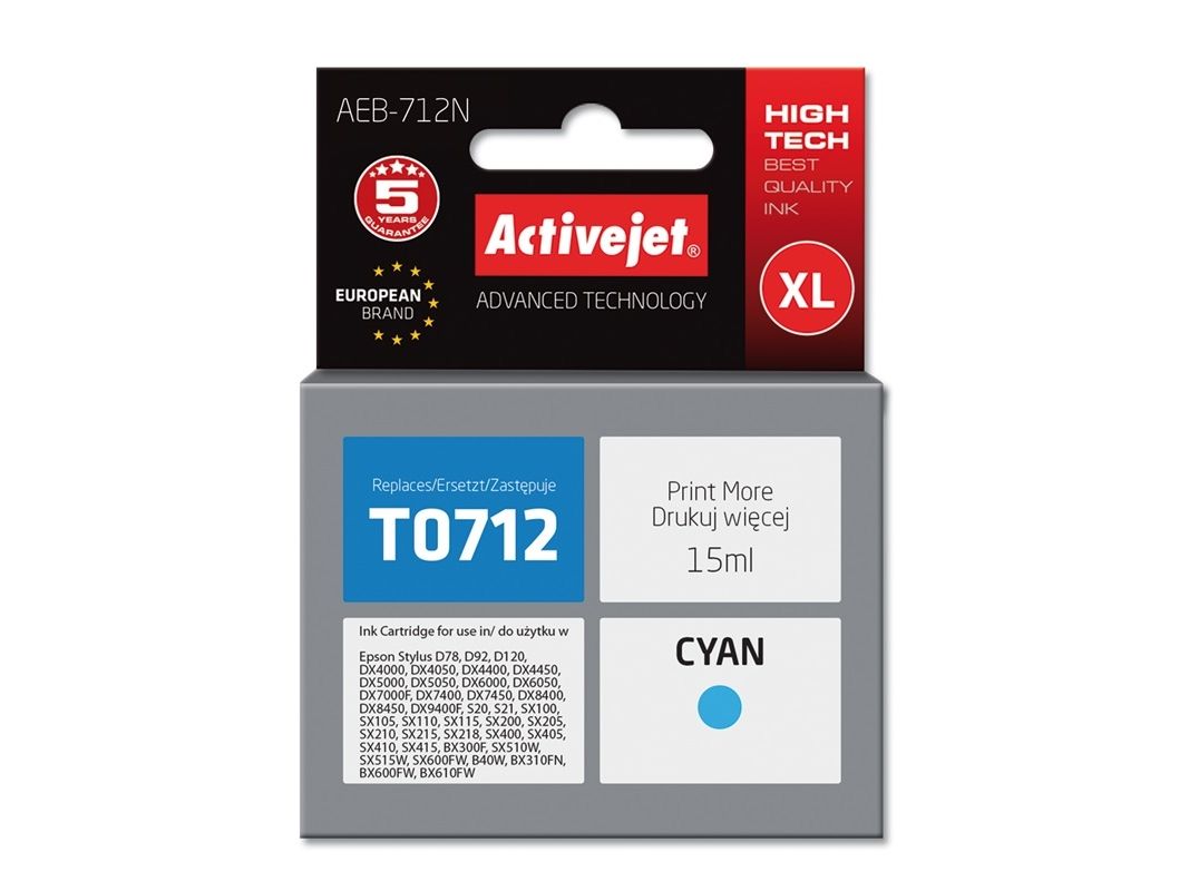 Activejet Aeb-712N Tintenpatrone (Ersatz Für Epson T0712, T0892 Höchste 15Ml Cyan), Hohe (Xl-) Ausbeute, 15 Ml, 480 Seiten, 1 Stück(E)