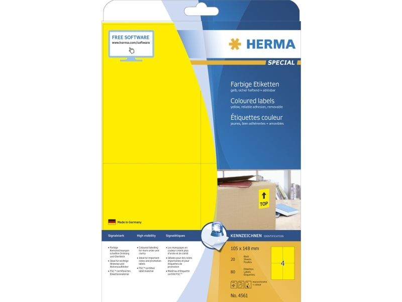Herma 4561, Gelb, Rechteck, A4, Universal, Matt, Laser/Tintenstrahl