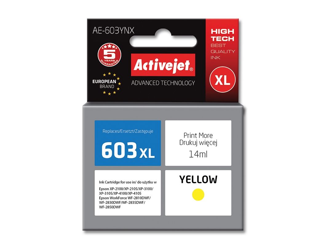 Activejet Ink Ae-603Ynx (Erstatning Epson 603Xl T03a44 Supreme 14 Ml Gul), Højt (Xl) Udbytte, Farvebaseret Blæk, 14 Ml, 1 Stk, Enkelt Pakke