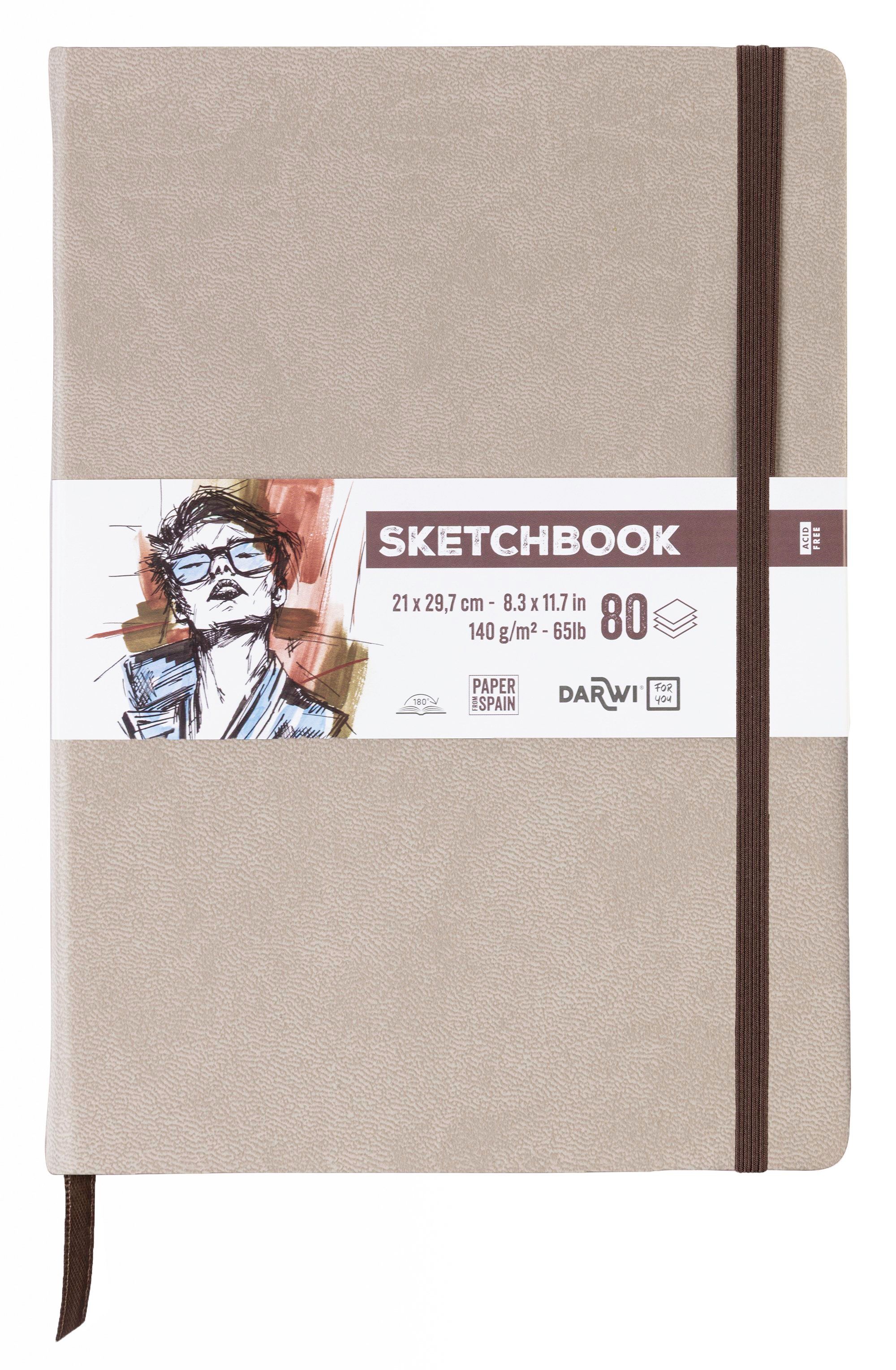 Darwi Sketchbook/Skitsebog , taupe (brun/grå) omslag A (21x29,7cm) 80 ark hvidt, 140gram skitsepapir, omslag i kunstlæder, elastiklukning og bogmærke.(Handmade in Morocco, Paper from Spain).