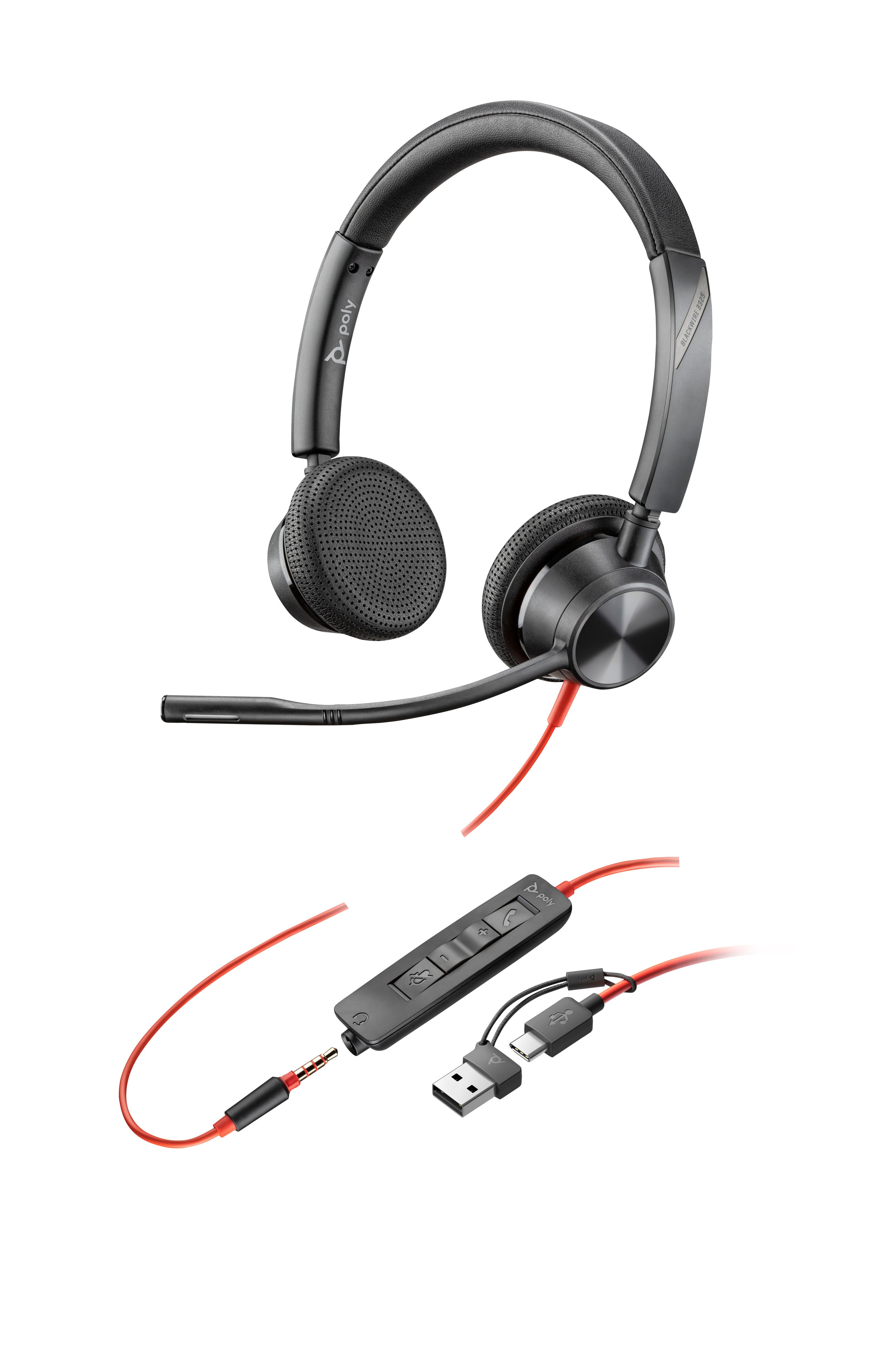 Hp Poly Blackwire 3325 Stereo Usb-C Headset +3.5Mm Plug +Usb-C/A Adapter, Ledningsført, 20 - 20000 Hz, Kontor/Callcenter, 131 G, Headset, Sort