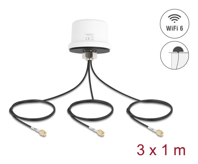 Delock 4G Mimo Dualband Wifi 6 Antenne 2 X Sma + 1 X Rp-Sma Stecker Ula100 1 M Schraubmontage Outdoor Weiß, 4,5 Dbi, 0.698 - 0.791, 0.824 - 0.96, 1.7