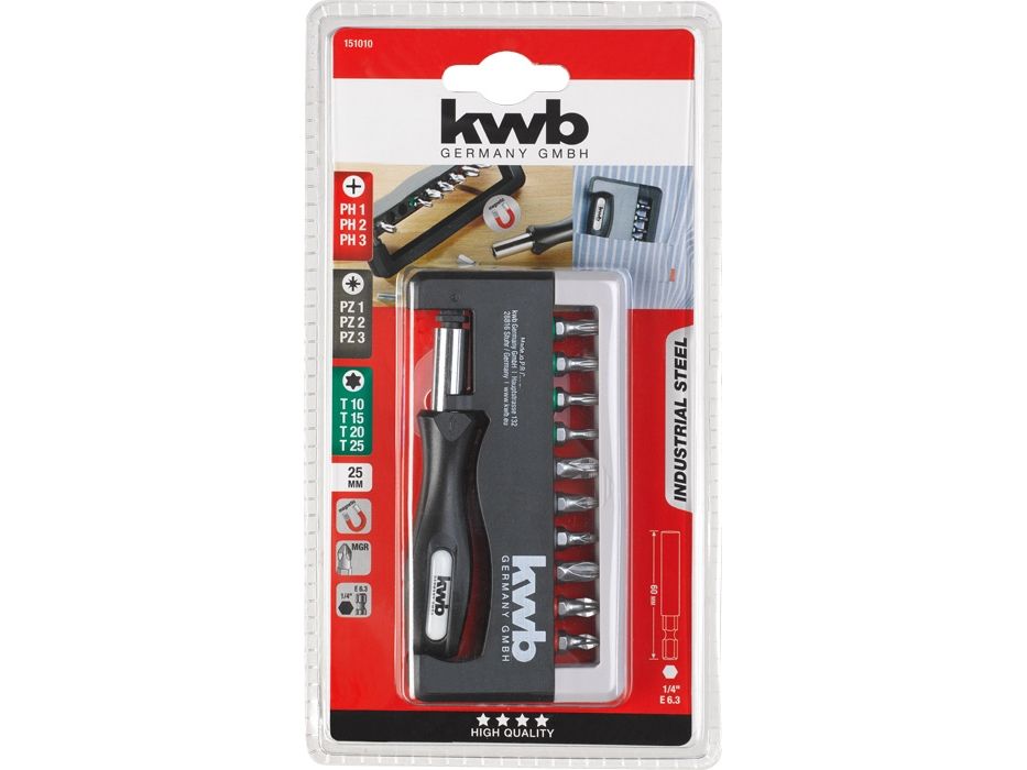 Kwb 151010, 12 Stück, Phillips, Phillips-Schraubendreher, Ph 1,Ph 2,Ph 3, Pz 1,Pz 2,Pz 3, 25,4 / 4 Mm (1 / 4"), Sechskant