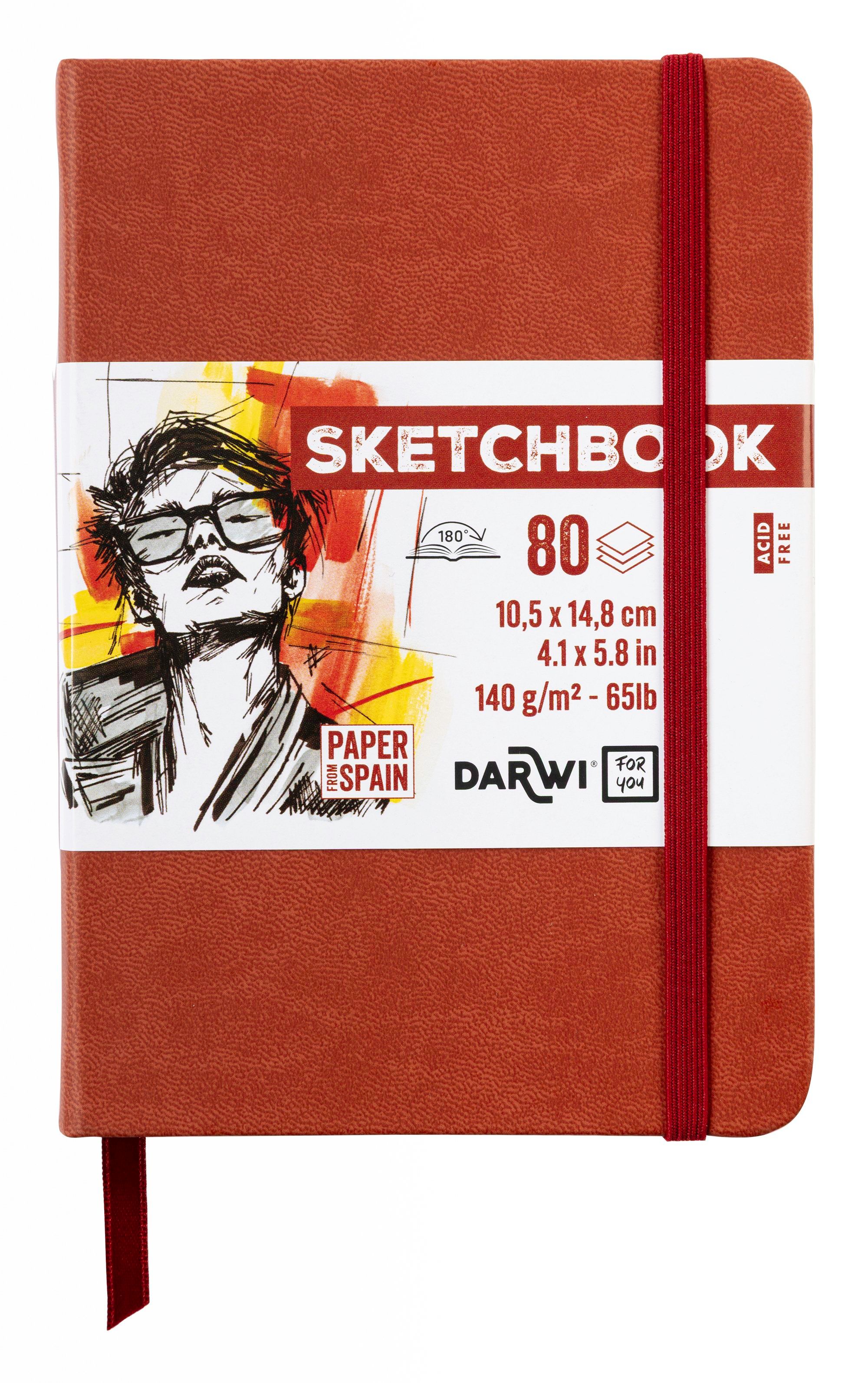 Darwi Skizzenbuch A6, Terrakottafarbener Einband (10,5X14,8Cm) 80 Blatt Weißes, 140G Schweres Skizzenpapier, Kunstledereinband, Gummiverschluss Und L