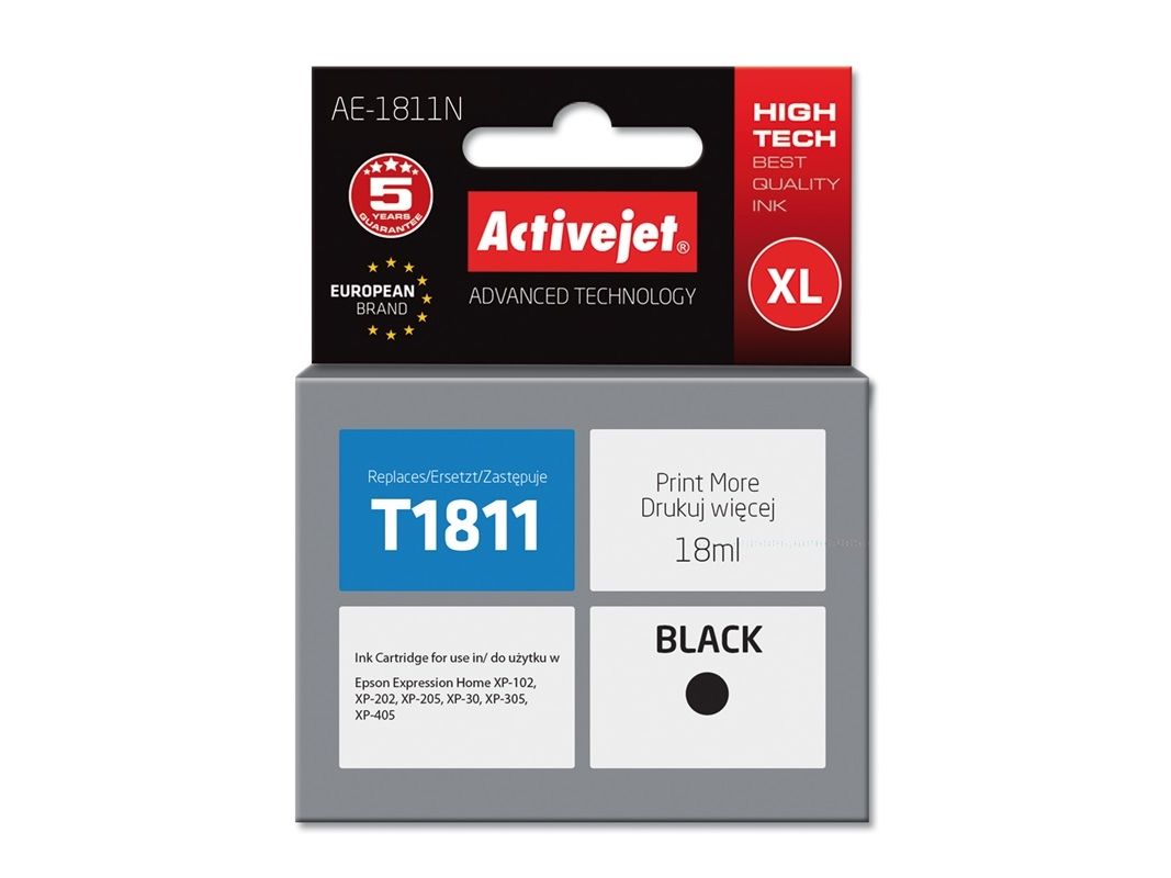 Activejet Ae-1811N Blæk (Erstatning Epson 18Xl T1811 Supreme 18 Ml Sort), Højt (Xl) Udbytte, Pigmentbaseret Blæk, 18 Ml, 1 Stk