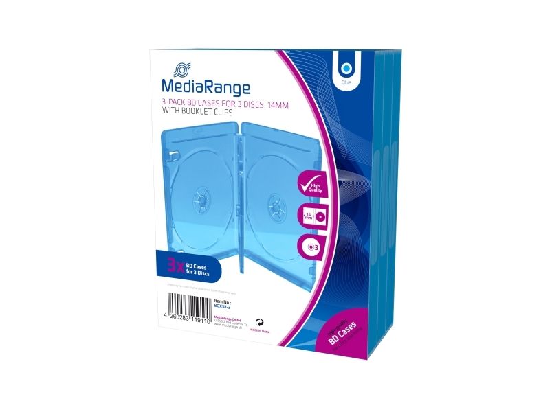 Mediarange Box38-3-30, Blu-Ray-Gehäuse, 3 Disks, Blau, Transparent, Kunststoff, 120 Mm, Rohs