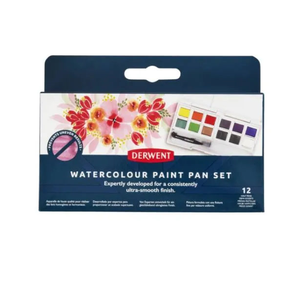 Derwent Watercolour Paint Pans 12stk inkl. waterbrush | Skola & Hobby - Konstmaterial - Akvareller och vattenfärger | GameStuff