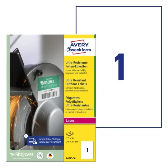 Etiketter Avery 210 x 297 mm, A4, hvid - ekstremt modstandsdygtige og elastiske, til laserprinter - (50 stk.)