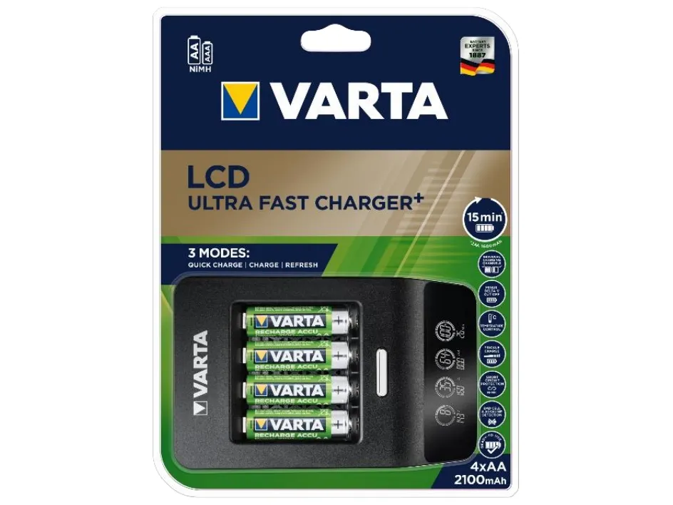 Varta LCD ULTRA FAST CHARGER+ - 0,25 h batteriladdare - (för 4xAA/AAA) + växelströmsadapter + bilströmsadapter 4 x AA-typ - NiMH - 2100 mAh | EL Artiklar - Batteri - Uppladdningsbara batterier | GameStuff