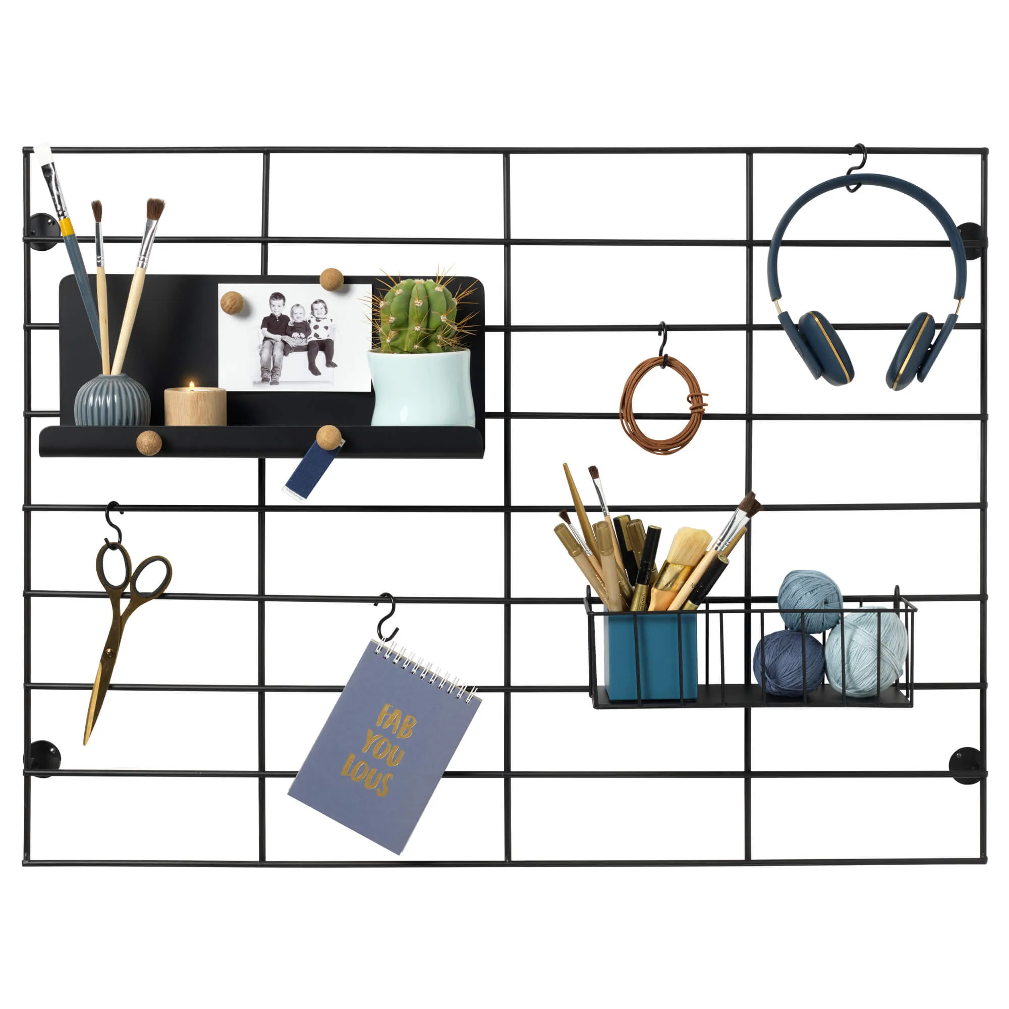 Organizertavle i sort metal 80x 60 cm - inkl. 1 stk. hylde, 1 stk. kurv og 4 S-kroge