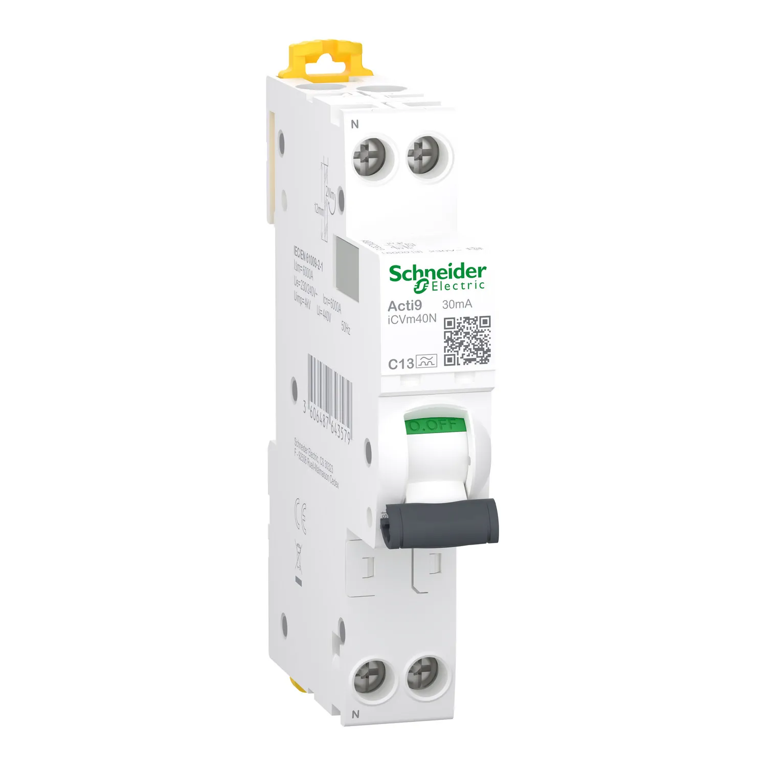 Schneider Electric FI/LS Acti9 iCVm40N, Residual-current device with overcurrent protection (RCBO), Type C, 6000 A, IP20, IP40