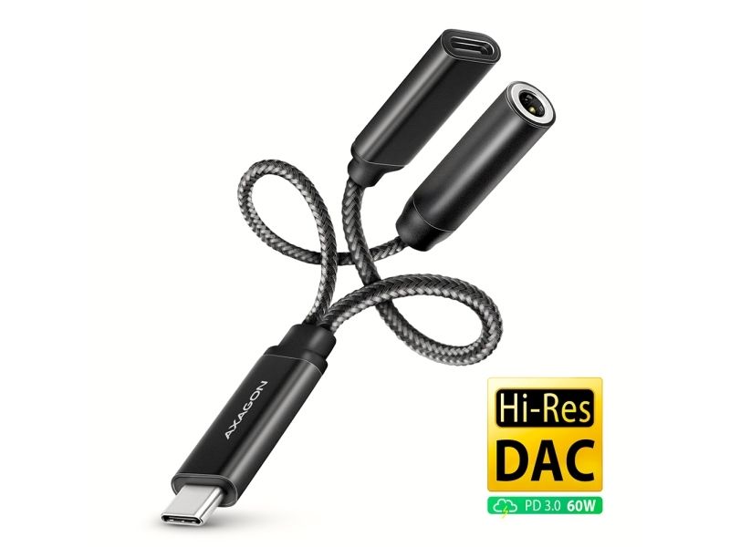 AXAGON ADA-HCPD USB-C-Klinkenadapter, 3,5 mm, 384 kHz/32-bit, PD 60 W, schwarz