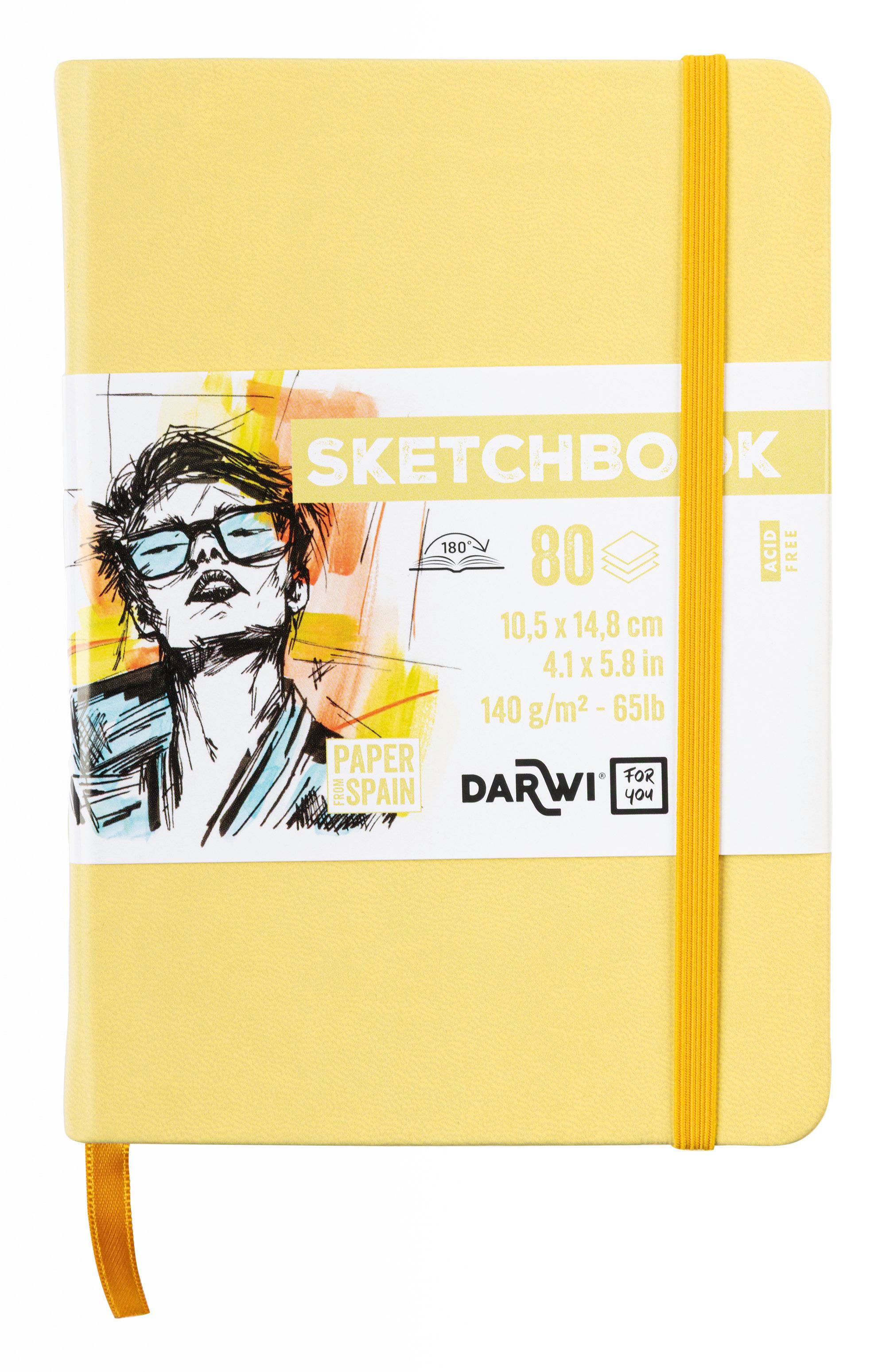 Darwi Skizzenbuch A6, Weicher Gelber Einband (10,5X14,8Cm) 80 Blatt Weißes, 140G Schweres Skizzenpapier, Kunstledereinband, Gummiverschluss Und Lesez