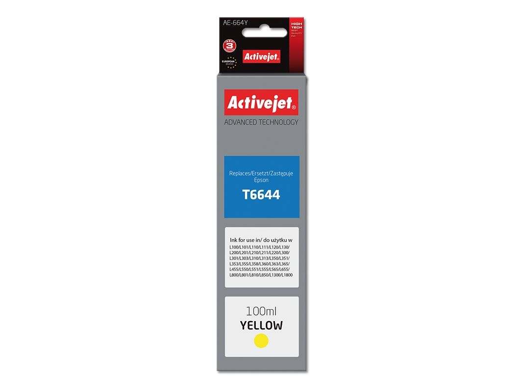 Activejet Ae-664Y Blækflaske Til Epson Printer, Erstatning Epson T6644 Supreme 100 Ml Gul, Højt (Xl) Udbytte, Farvebaseret Blæk, 100 Ml, 1 Stk, Enkel