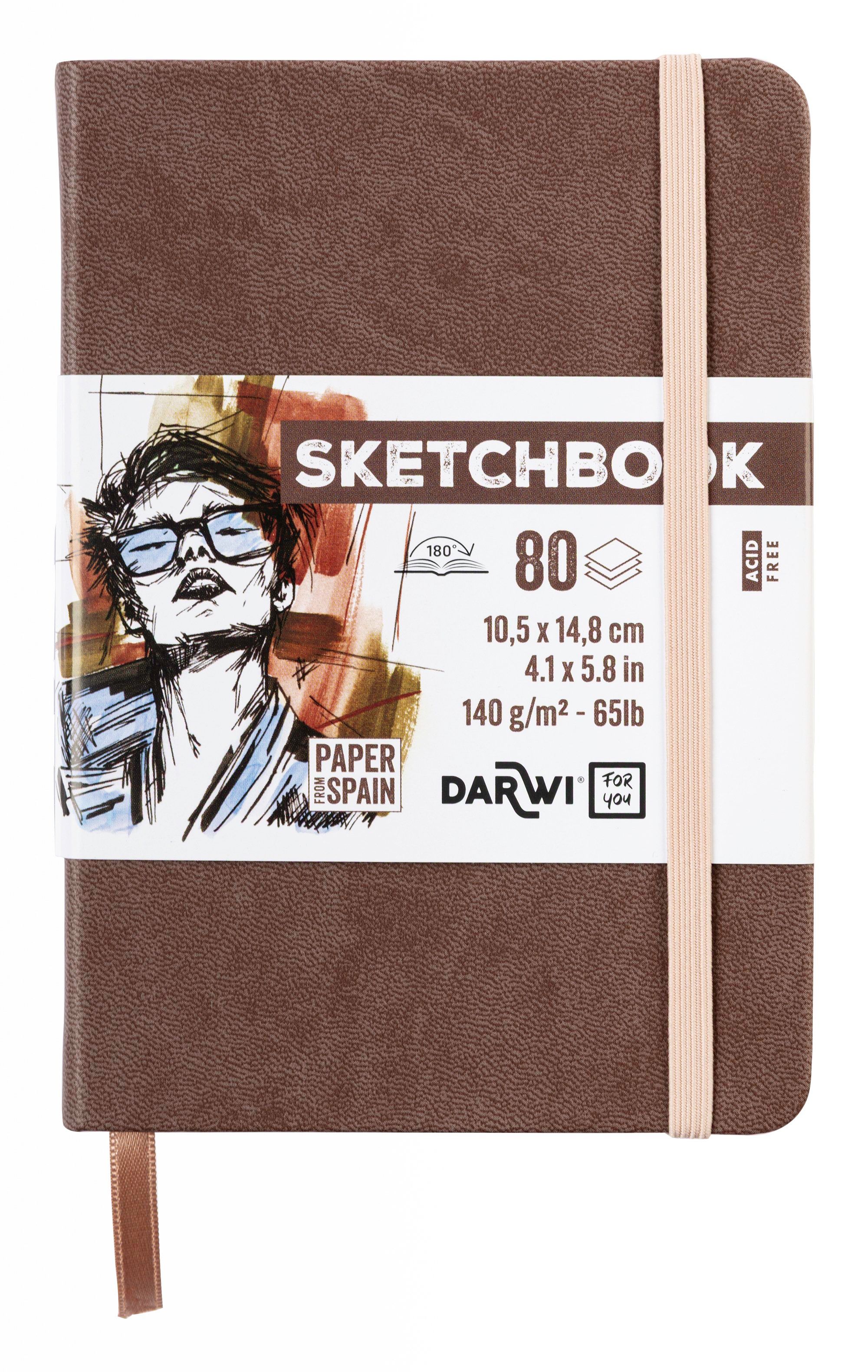 Darwi Skizzenbuch A6, Braun/Brauner Einband (10,5X14,8Cm) 80 Blatt Weißes, 140G Schweres Skizzenpapier, Kunstledereinband, Gummiverschluss Und Leseze