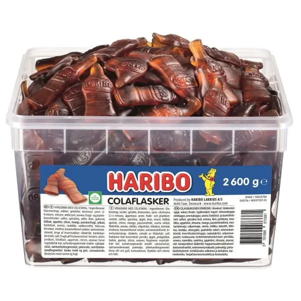 Haribo Cola Flasker 2,6 kg i plastbøtte | Catering - Godis, snacks och choklad - Swallow | GameStuff