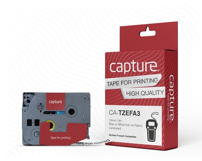 Capture Tzefa3 P-Touch Compatible 12Mm X 3M Blue On White Iron On Fabric Tape