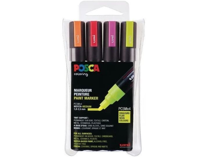 Paintmarker Uni-Ball Posca Pc-5M, Fluoreszierende Farben, 4 Stück.