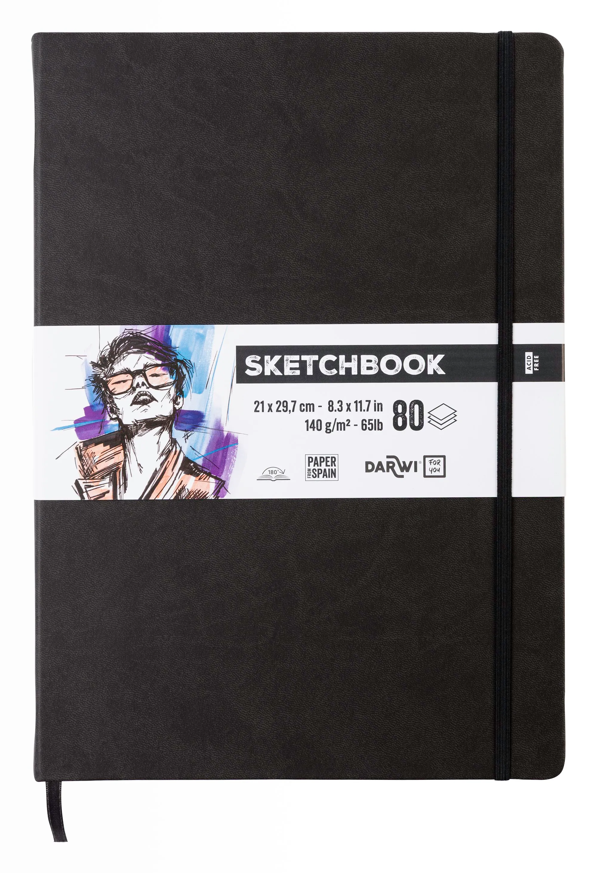 Darwi Sketchbook/Skitsebog sort omslag A4(21x29,7cm) 80 ark hvidt, 140gram skitsepapir, omslag i kunstlæder, elastiklukning og bogmærke.(Handmade in Morocco, Paper from Spain).
